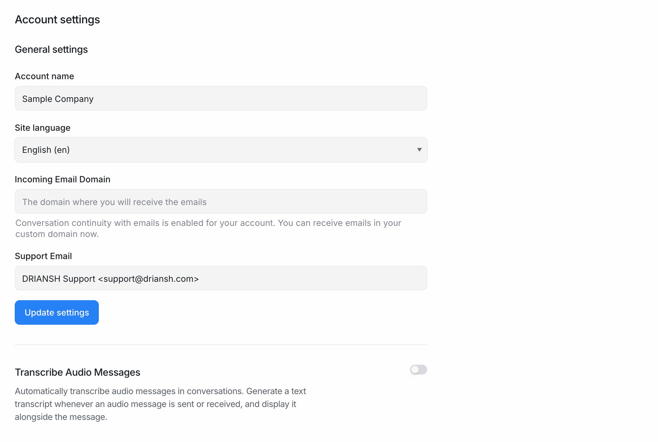 General settings on the Account settings page: account name, site language and support email