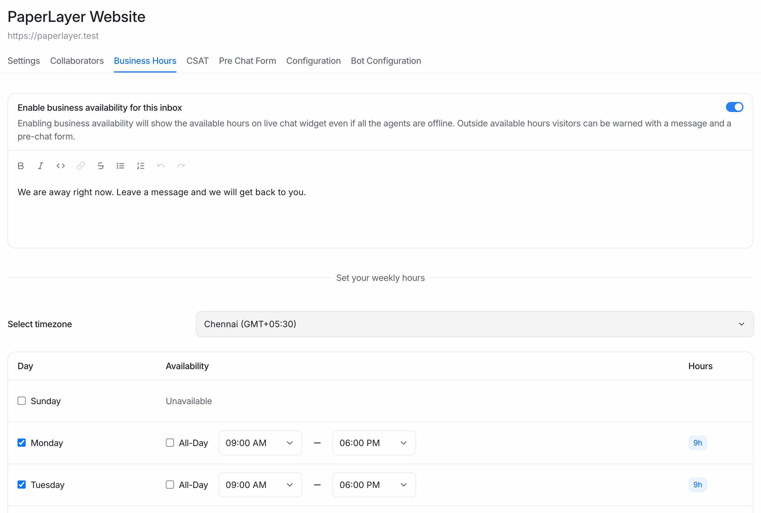 The Business Hours tab of a website inbox with business availability on, an away message and weekly hours