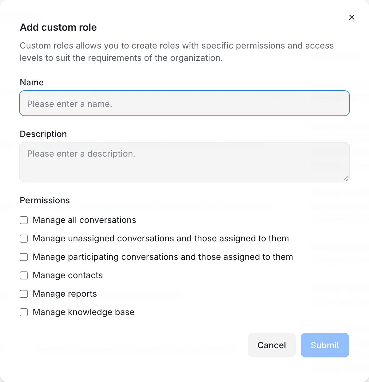 The Add custom role dialog with Name, Description and the permission checkboxes