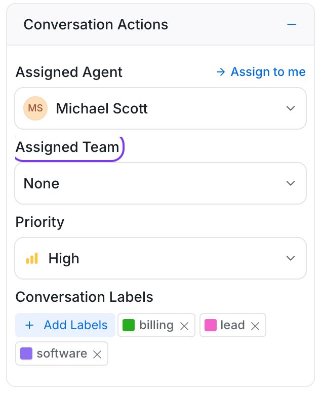 Conversation Actions in the details panel with the Assigned Team field highlighted