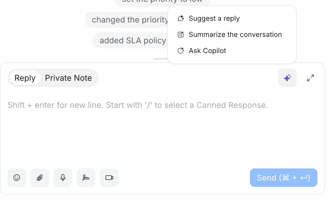 The AI menu opened from the sparkle icon in the reply box