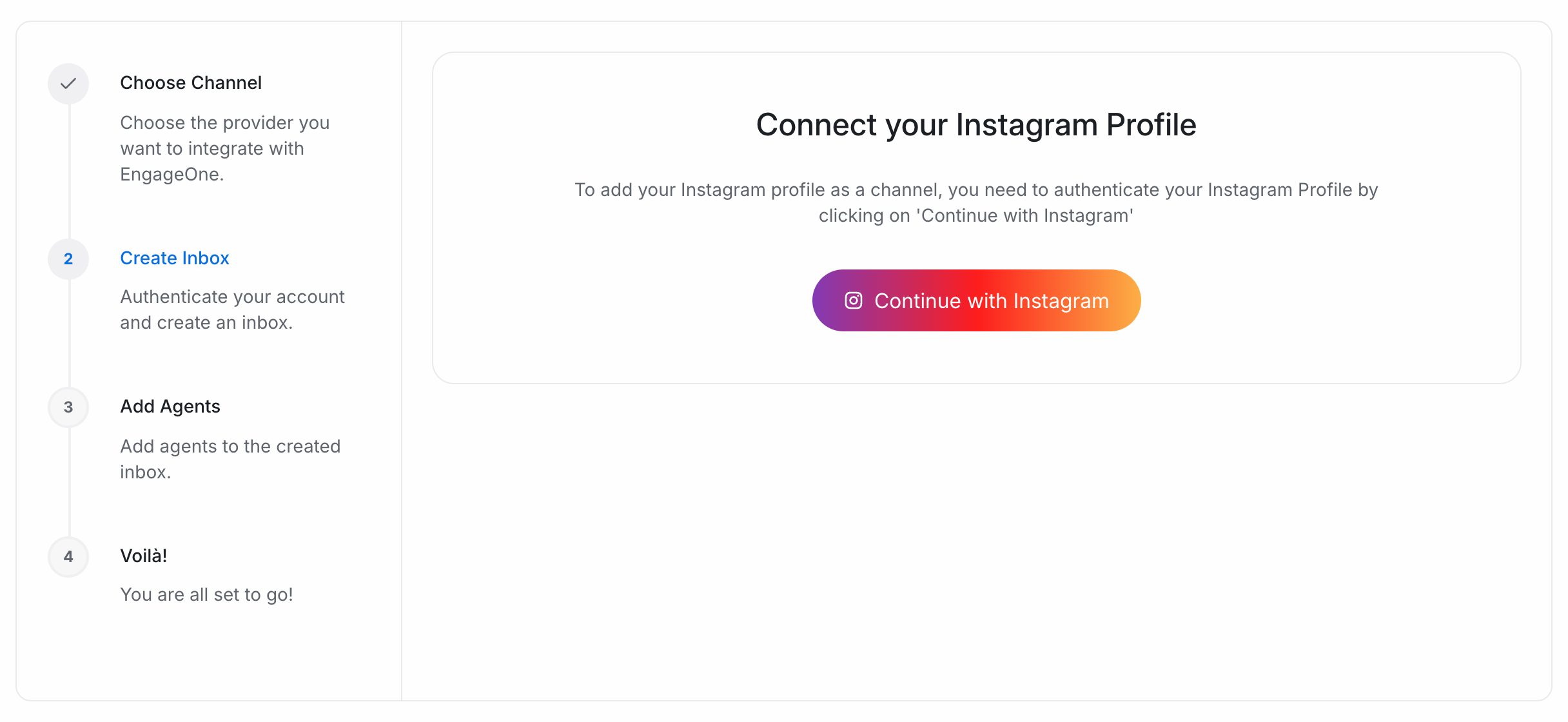 The Instagram channel step with the Continue with Instagram button