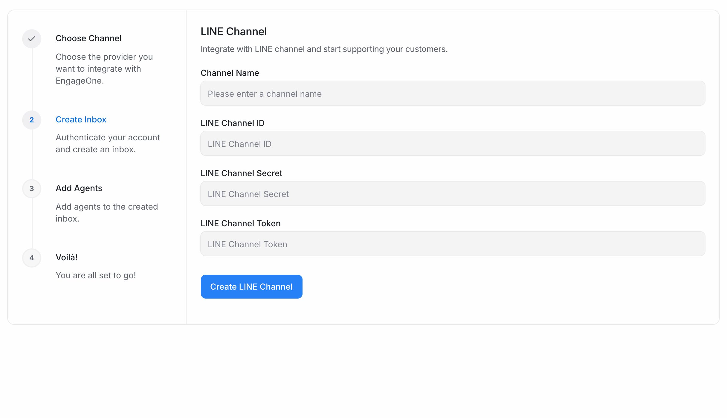 The LINE channel form with Channel Name, LINE Channel ID, Secret and Token