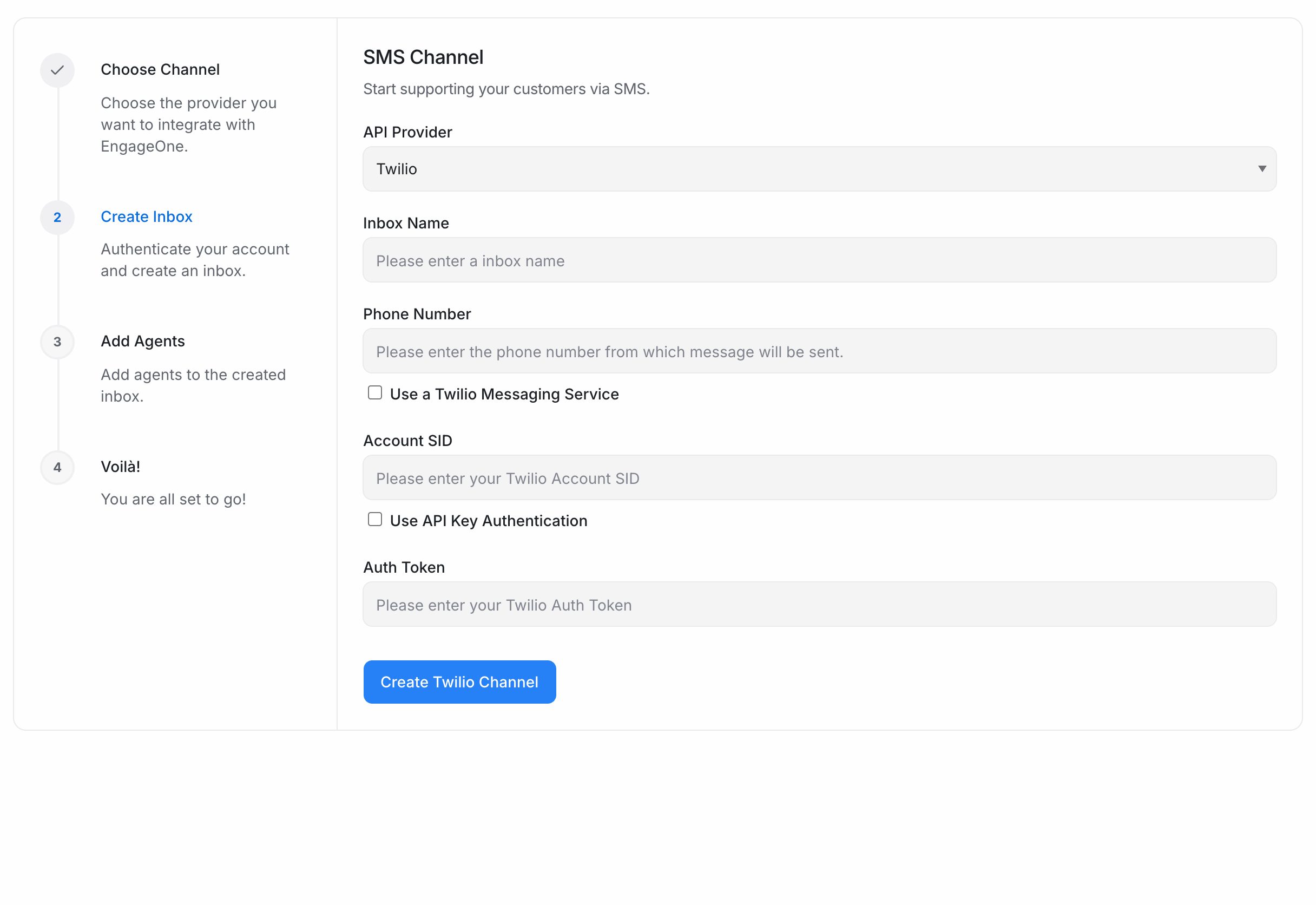 The SMS channel form with Twilio selected as the API provider