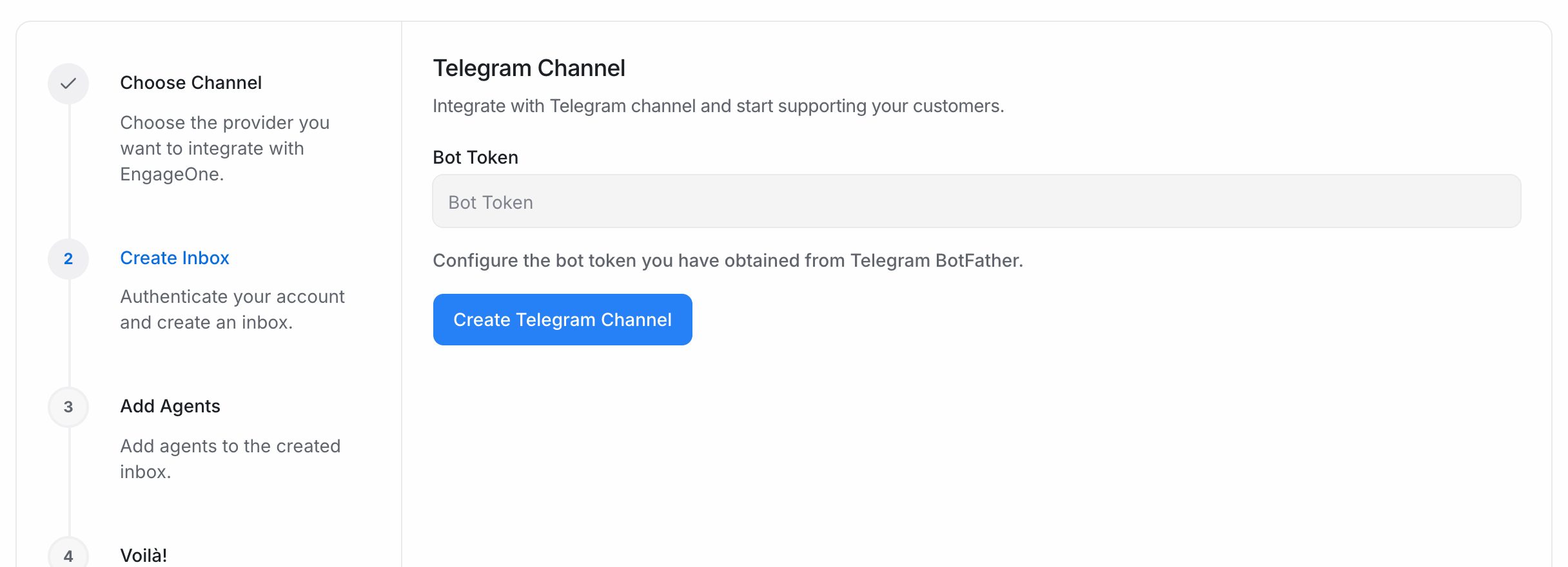 The Telegram channel form with the Bot Token field