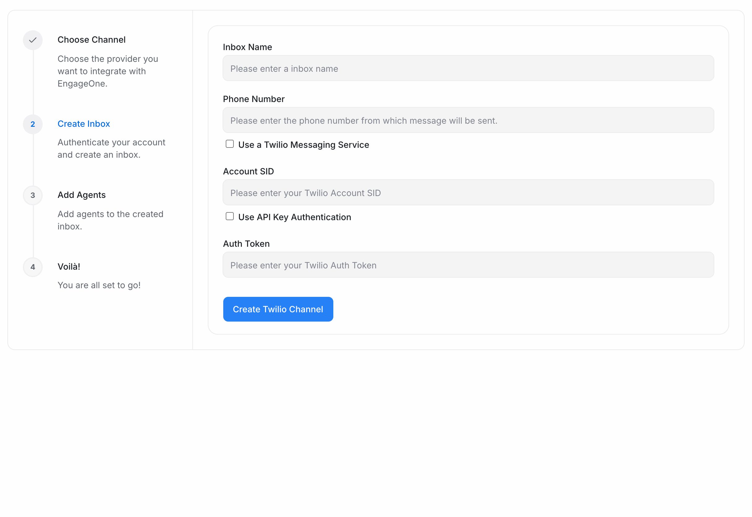 The Twilio WhatsApp form with Inbox Name, Phone Number, Account SID and Auth Token