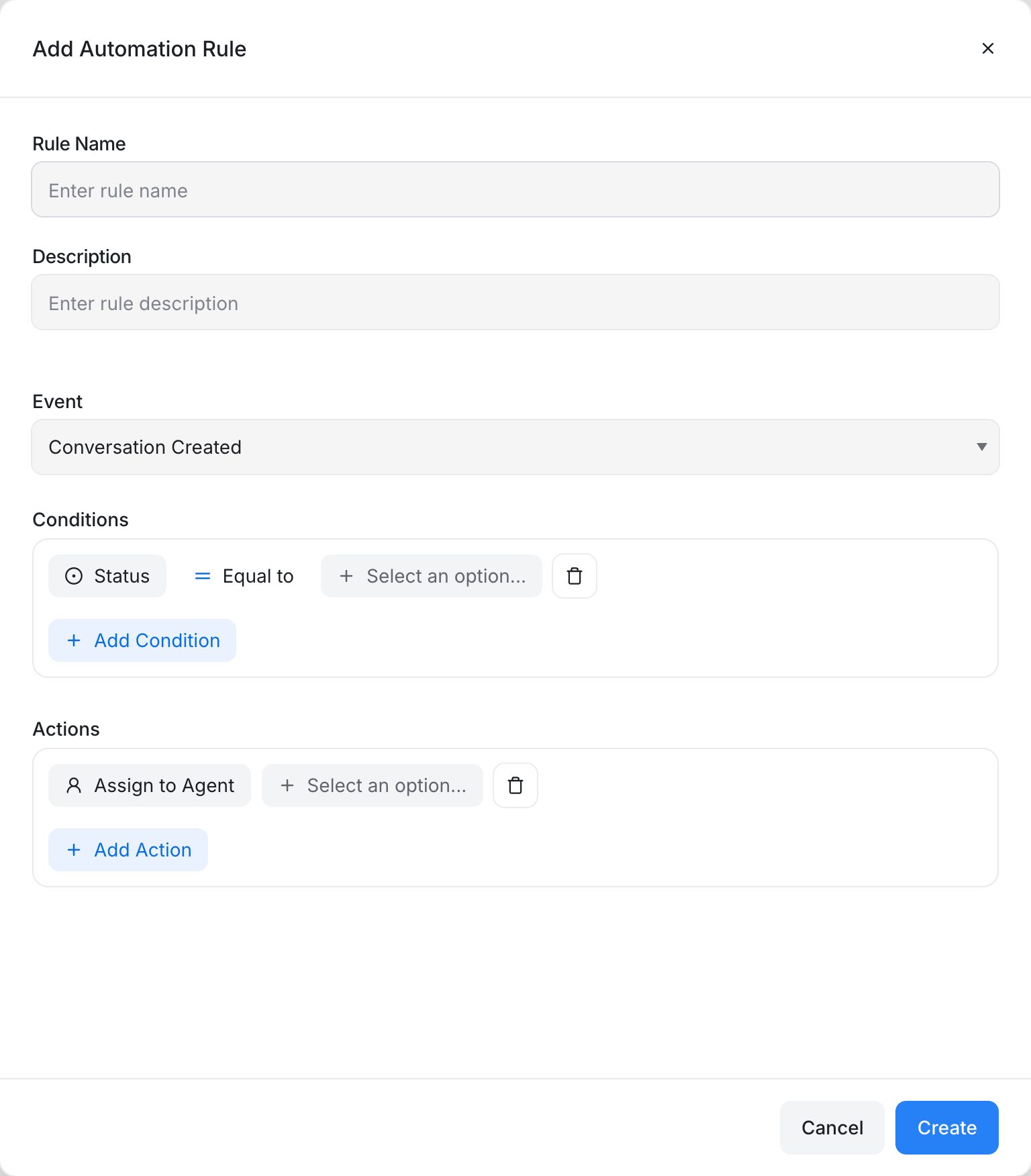 The Add Automation Rule form with Rule Name, Event, Conditions and Actions