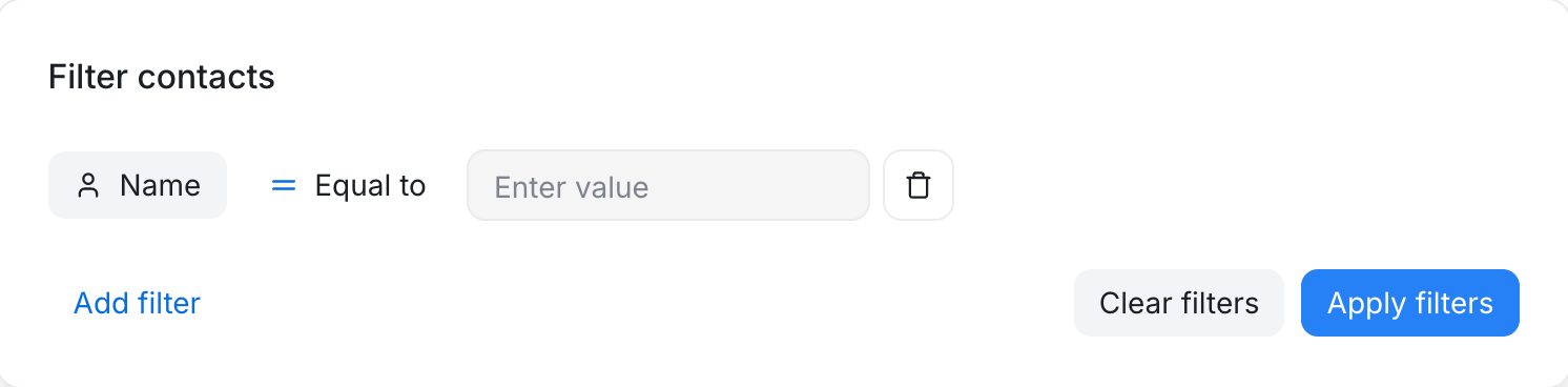 The Filter contacts panel with a field, an operator and a value