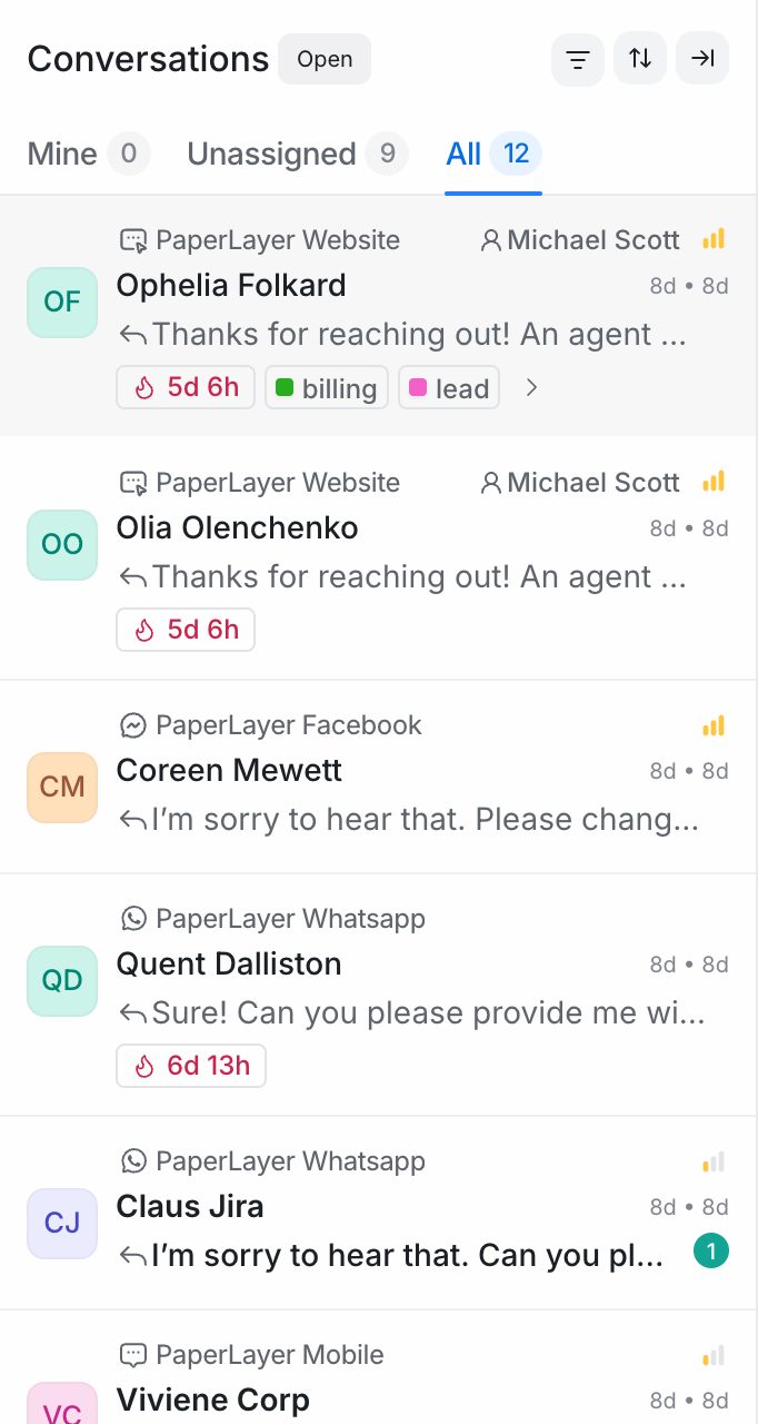 The conversation list with the Mine, Unassigned and All tabs