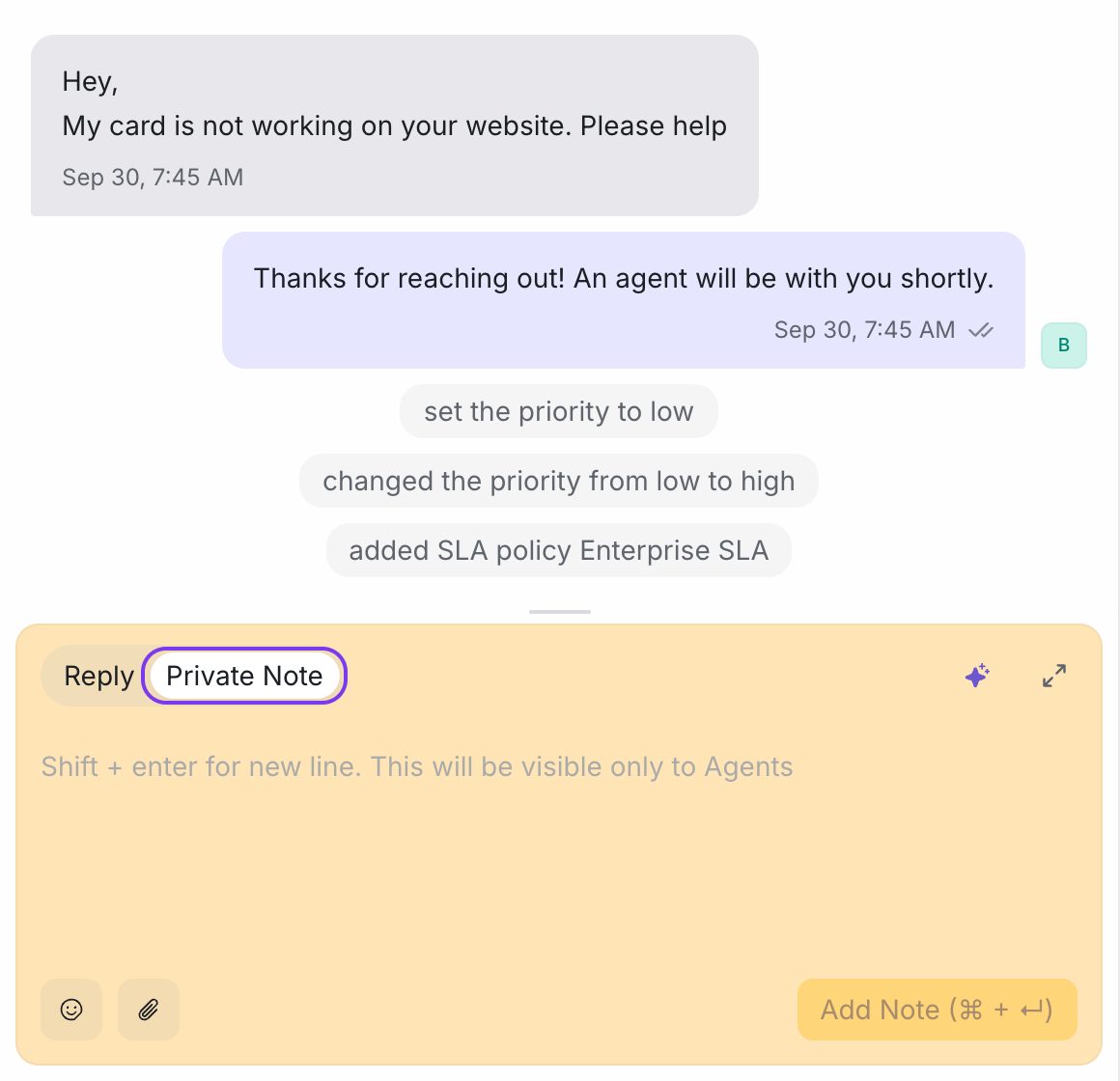 The reply box switched to Private Note, with the note area highlighted in yellow