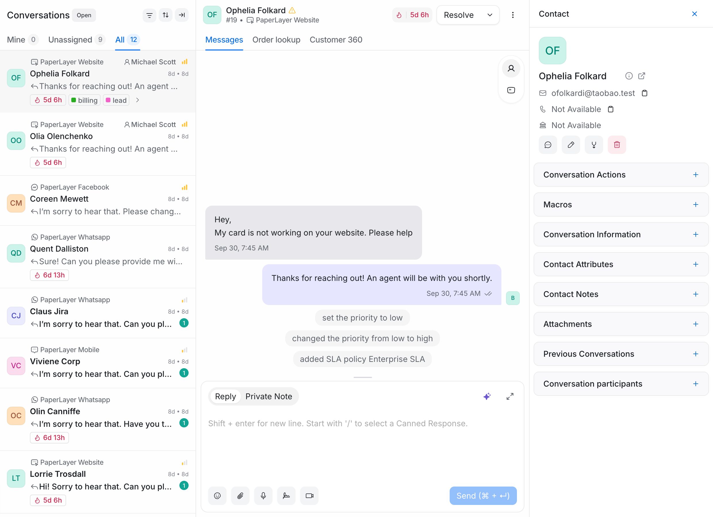 The EngageOne conversation view with the conversation list, the message thread and the contact details panel