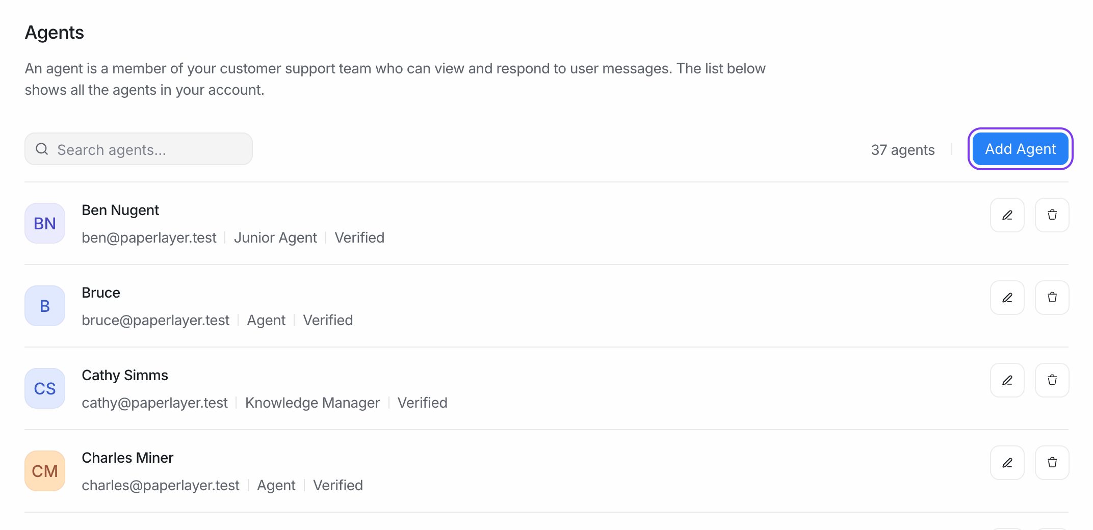 The Agents page in EngageOne settings with the Add Agent button highlighted