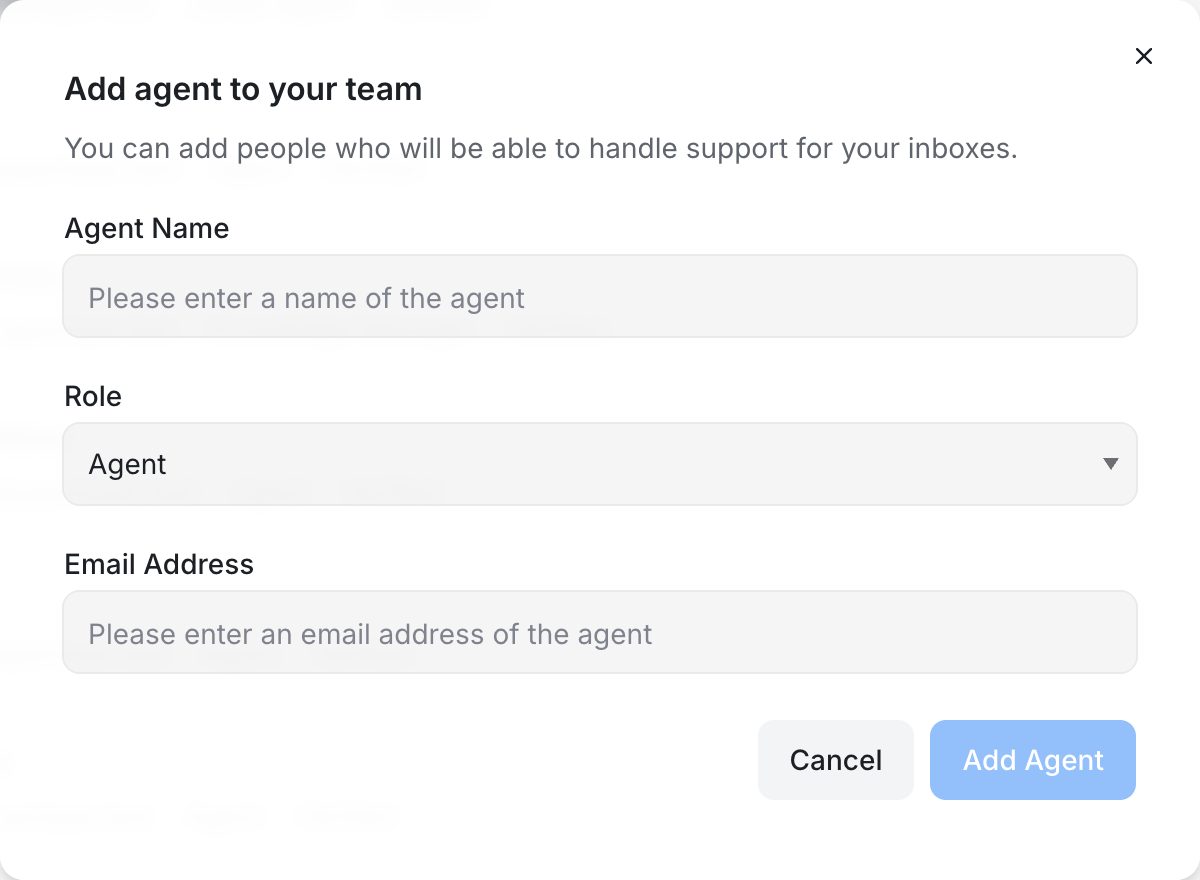 The Add agent dialog with Agent Name, Role and Email Address fields