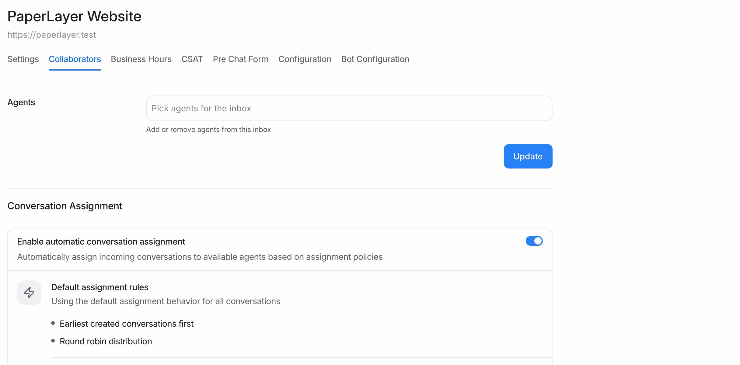 The Collaborators tab of a website inbox, where you pick the agents for the inbox