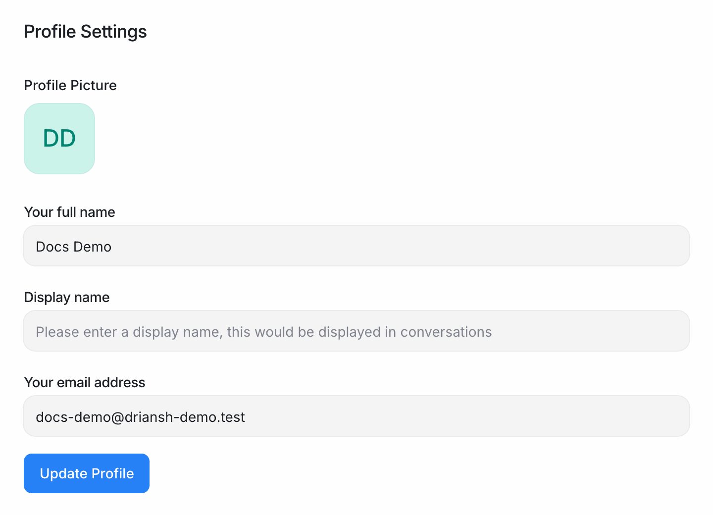 Profile settings with the profile picture, full name, display name and email address