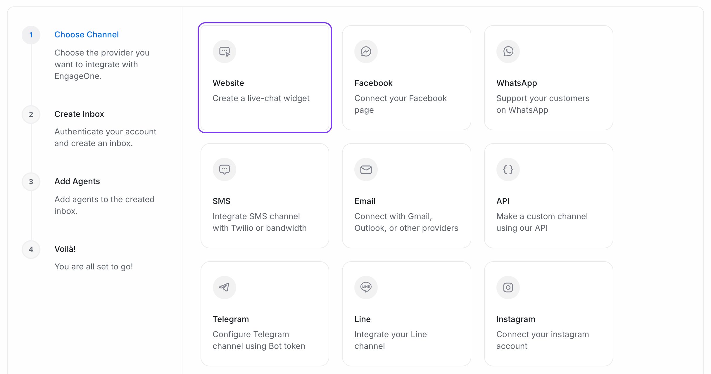 The Choose Channel step in EngageOne with the Website channel highlighted