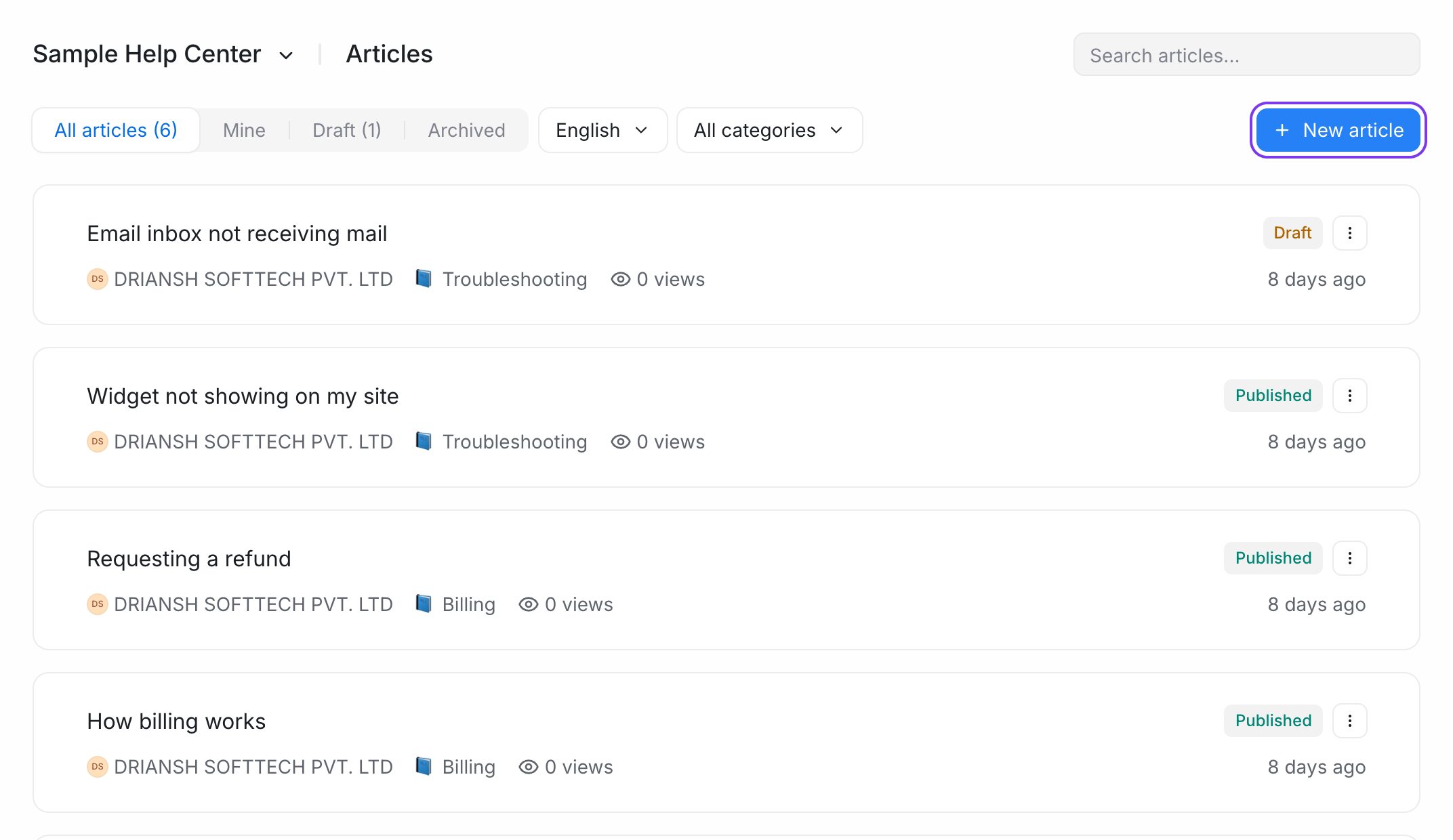 The Articles list with the New article button highlighted