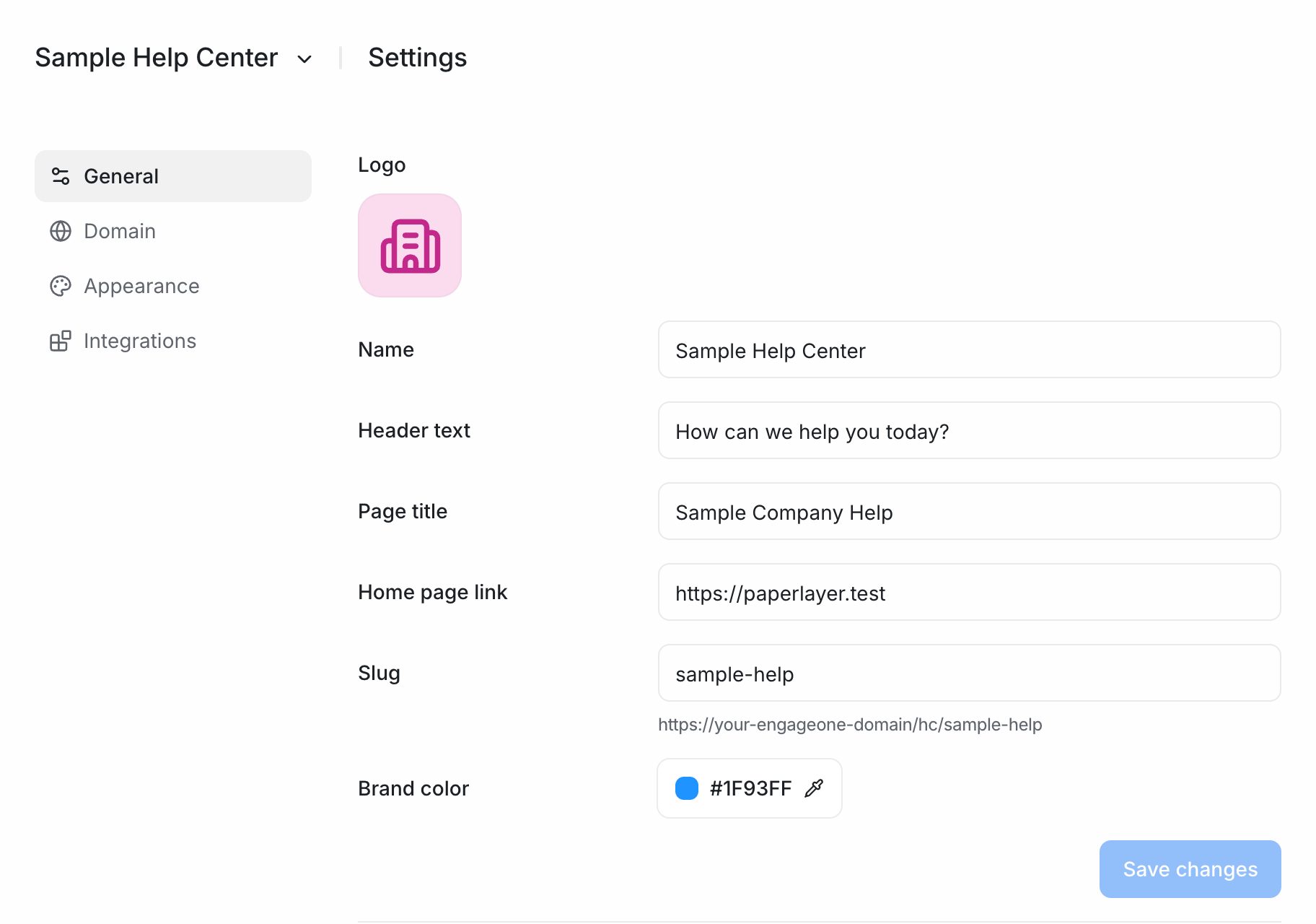 Help Center settings on the General tab with logo, name, header text, page title, home page link, slug and brand color