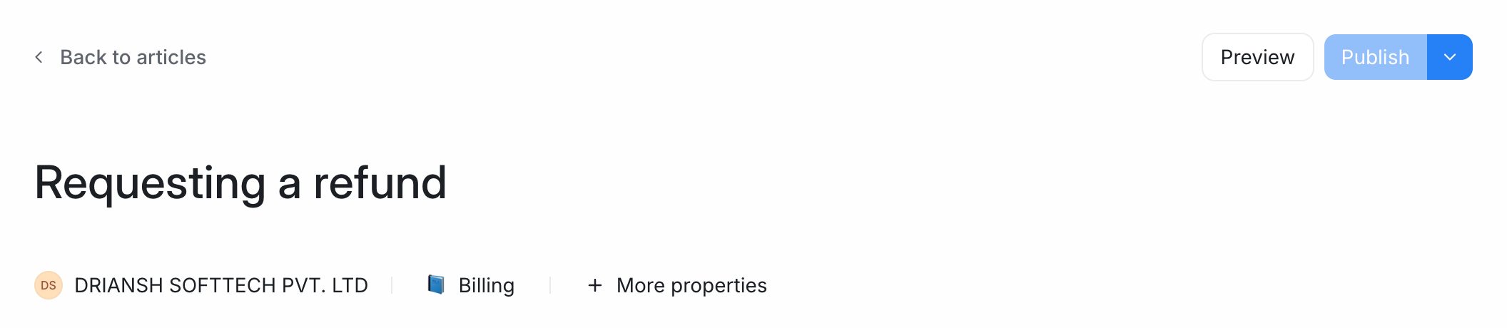 The article editor with the title, author, category and More properties