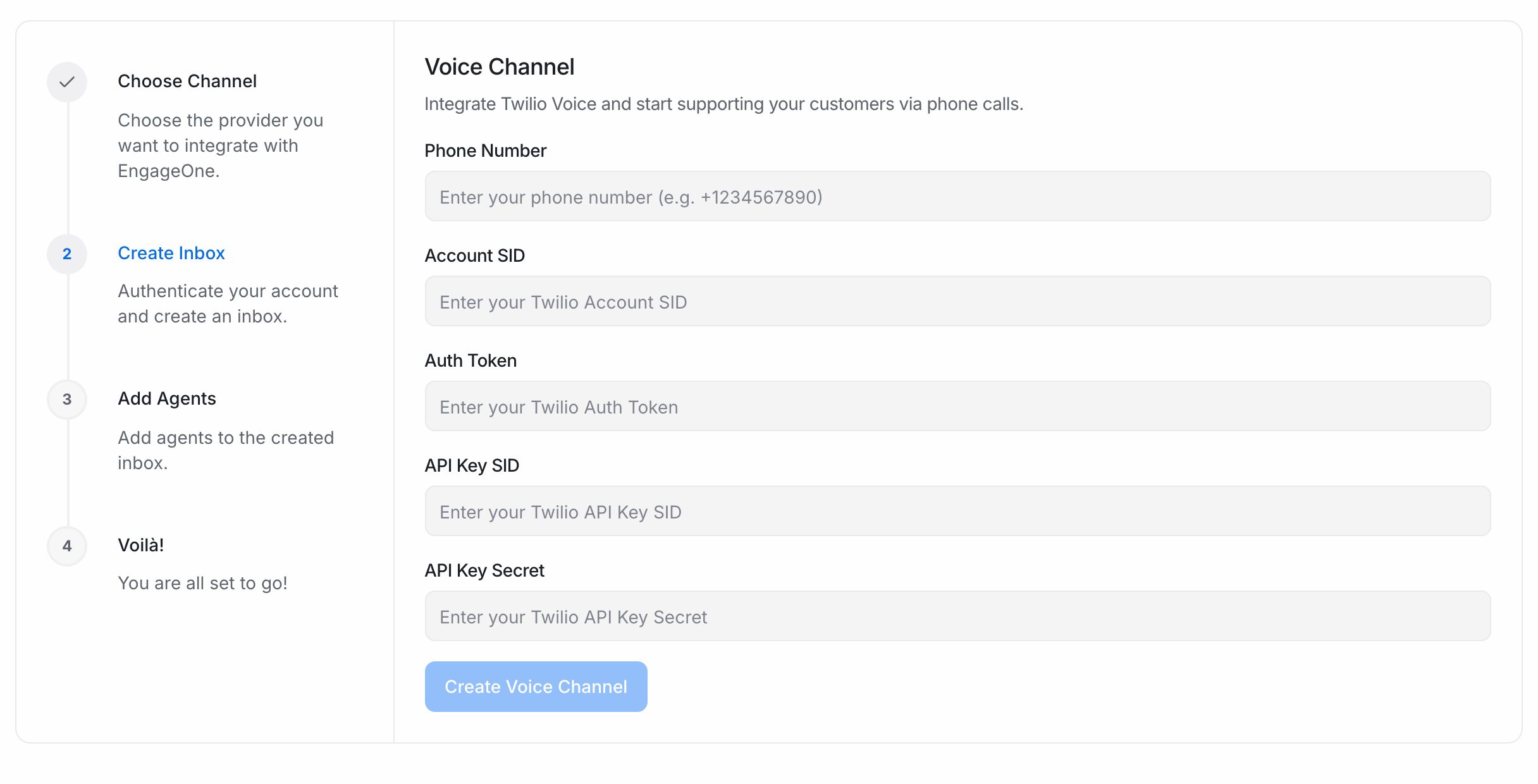 The Voice channel form with Phone Number, Account SID, Auth Token and API key fields