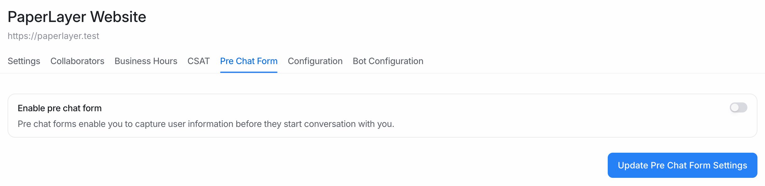 The Pre Chat Form tab of a website inbox with the Enable pre chat form switch
