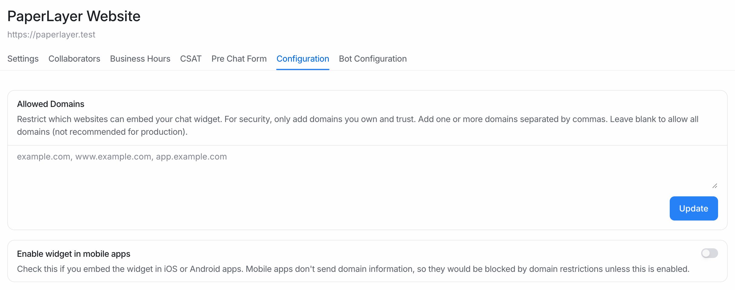 The Configuration tab with Allowed Domains and Enable widget in mobile apps